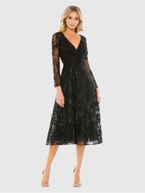 Mac Duggal Black Lace Midi Dress with Sheer Sleeves